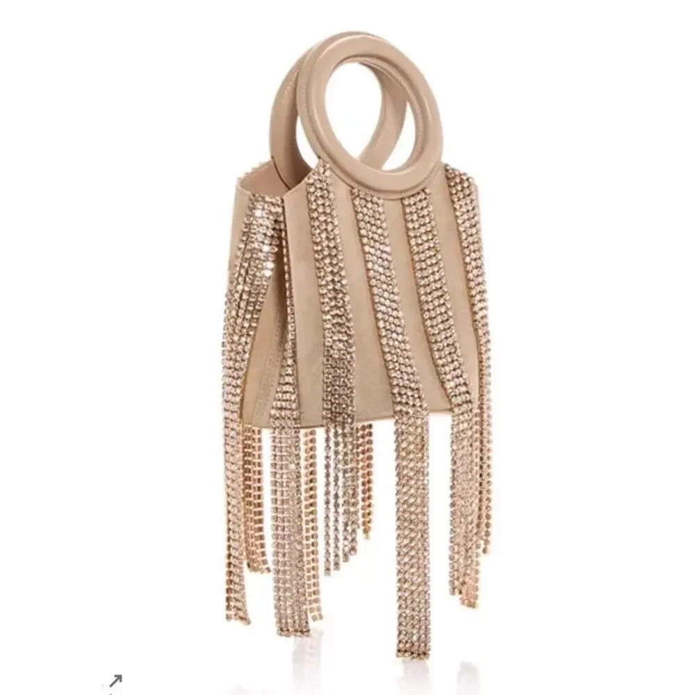 cult gaia Nude Crystal Fringe Wristlet with Circular Handles - Picture 1 of 16